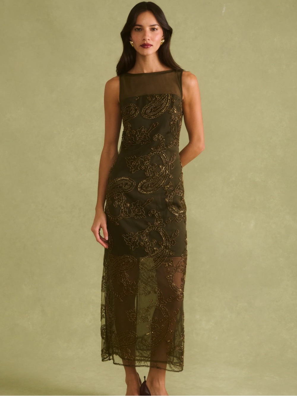 Few Moda Olive Sheer Paisley Embroidered beaded Maxi Dress
